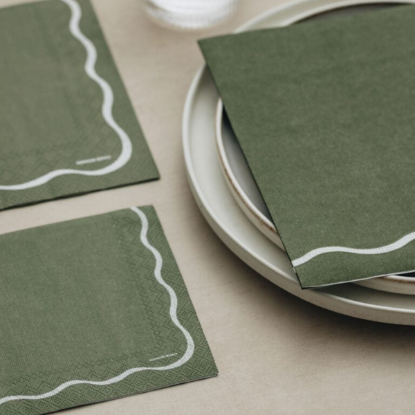 Manor Road Linen Scallop Olive & White Napkin Dinner 20 Pack